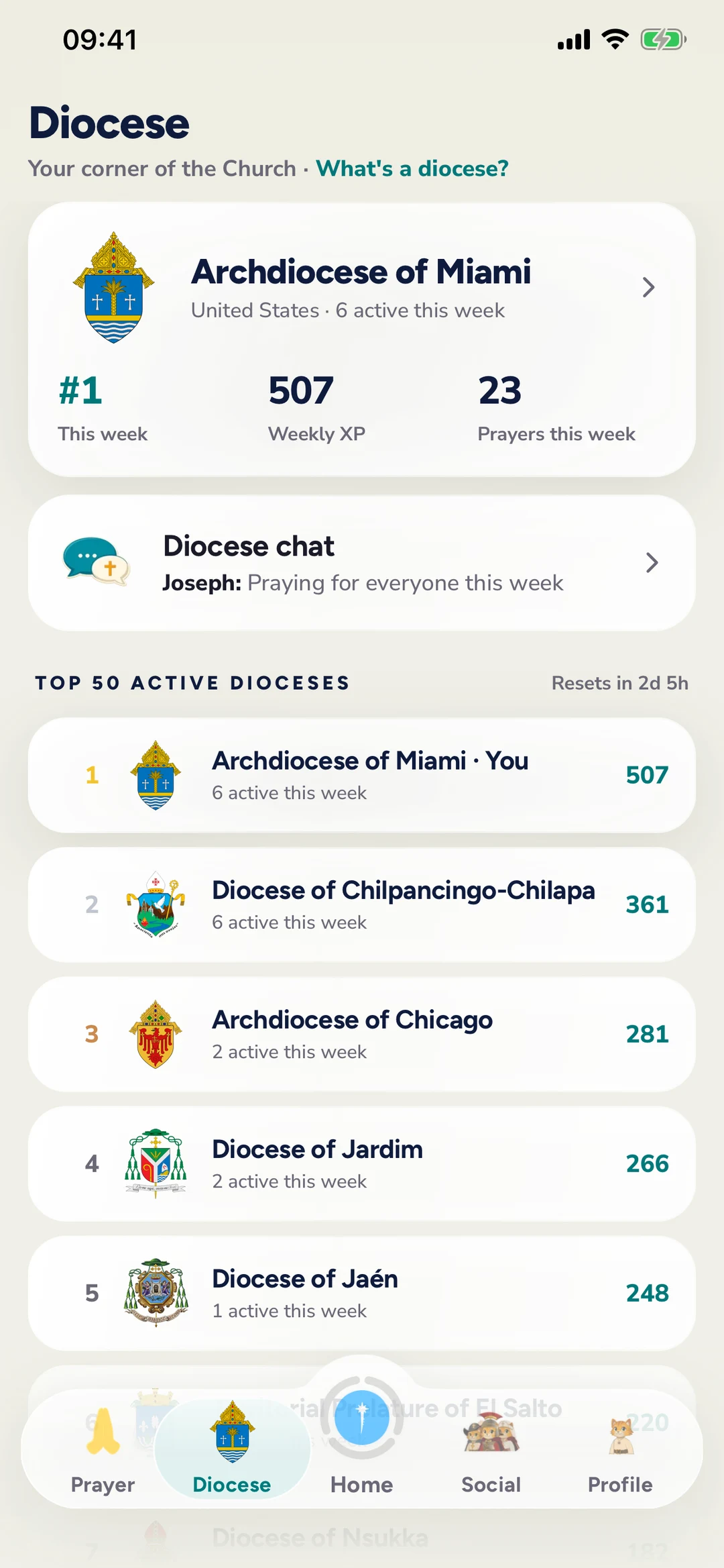 The Diocese tab: your diocese's rank and weekly XP, the diocese chat, and this week's standings