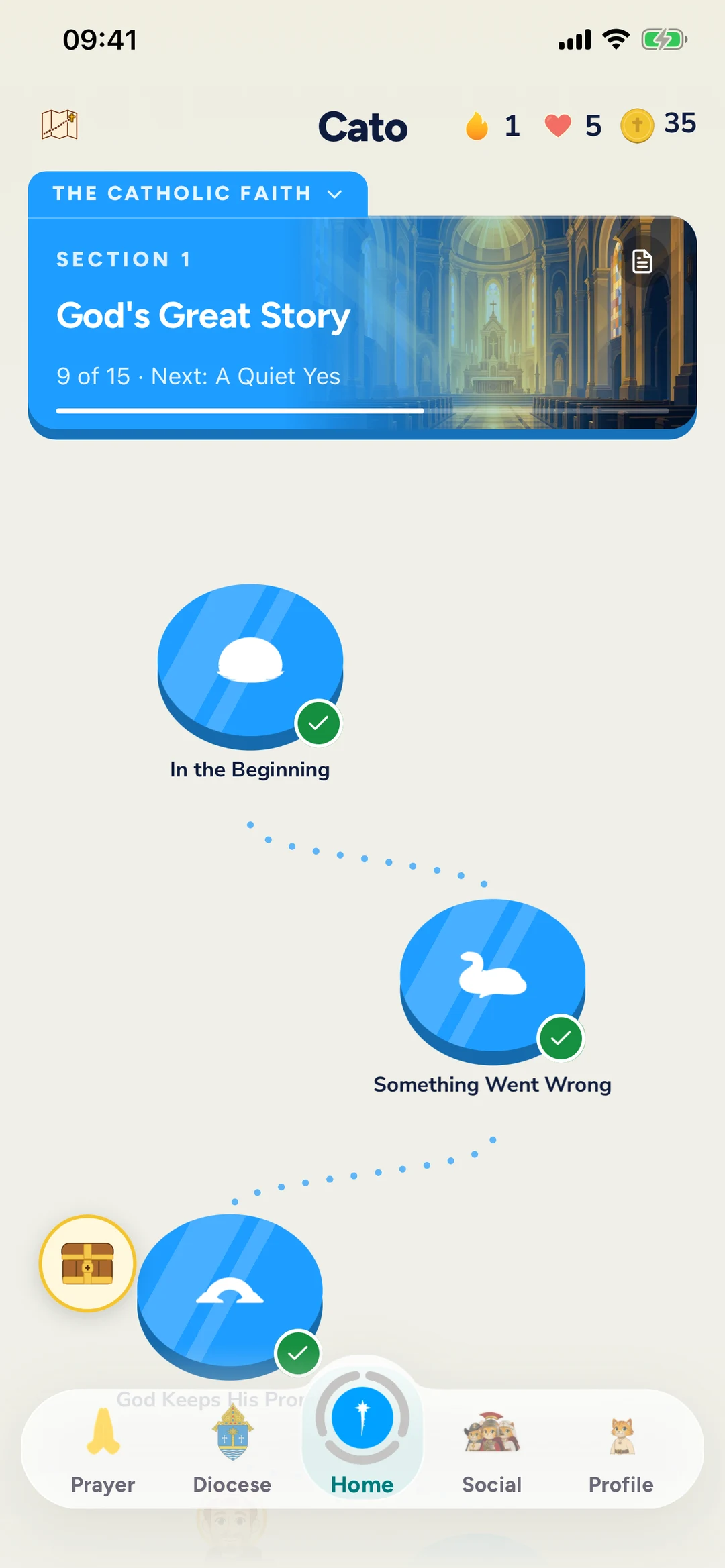 Home: the lesson path, three finished lessons strung on a dotted line