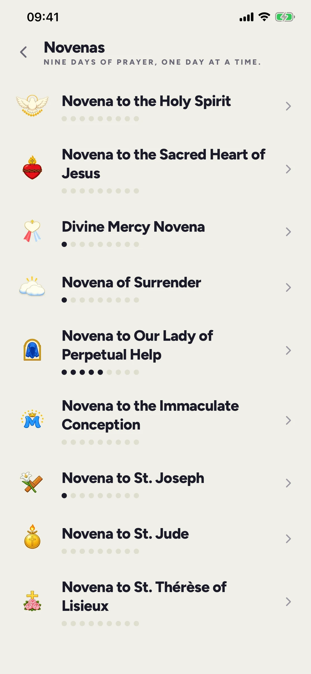 The list of twelve novenas with day-by-day progress