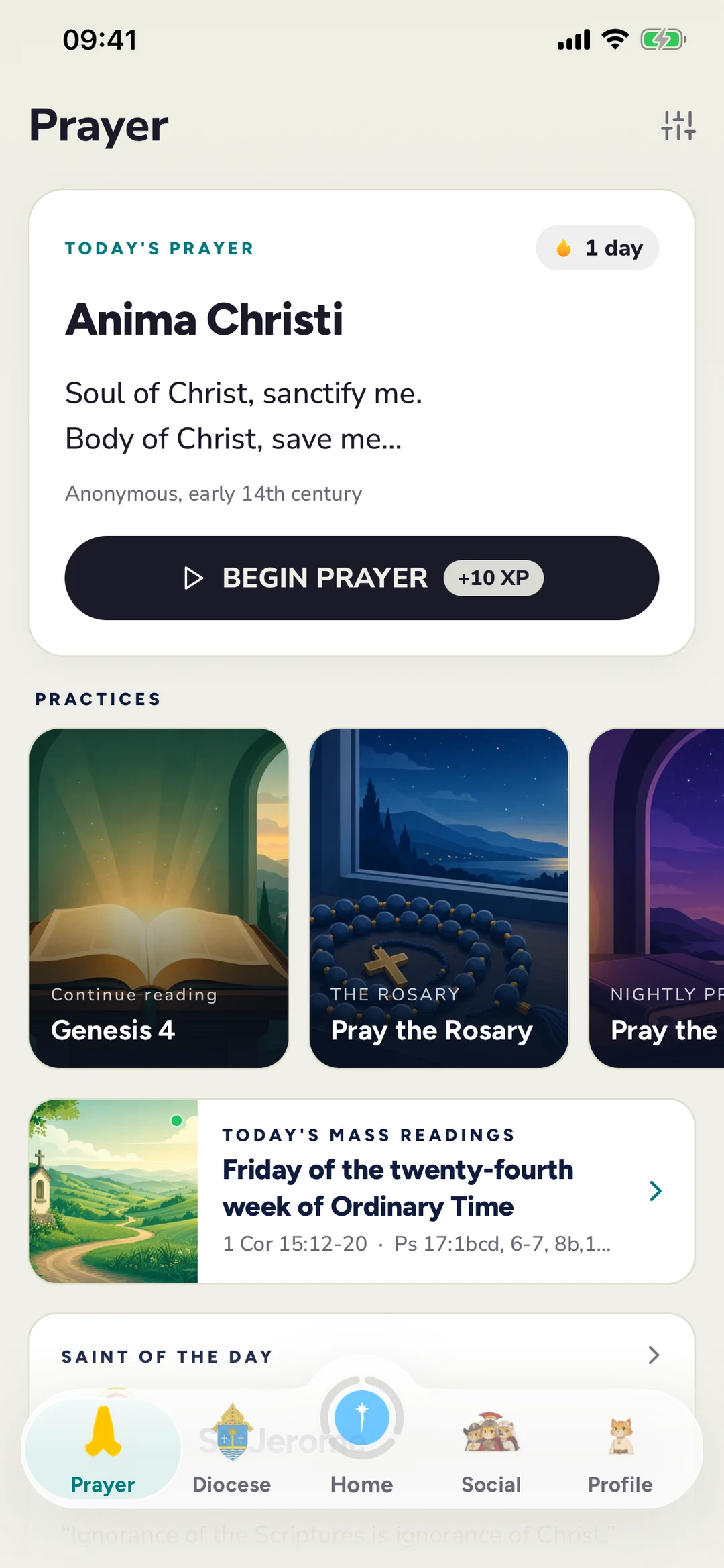 The Prayer tab: today's prayer, the Bible, the Rosary, and today's Mass readings
