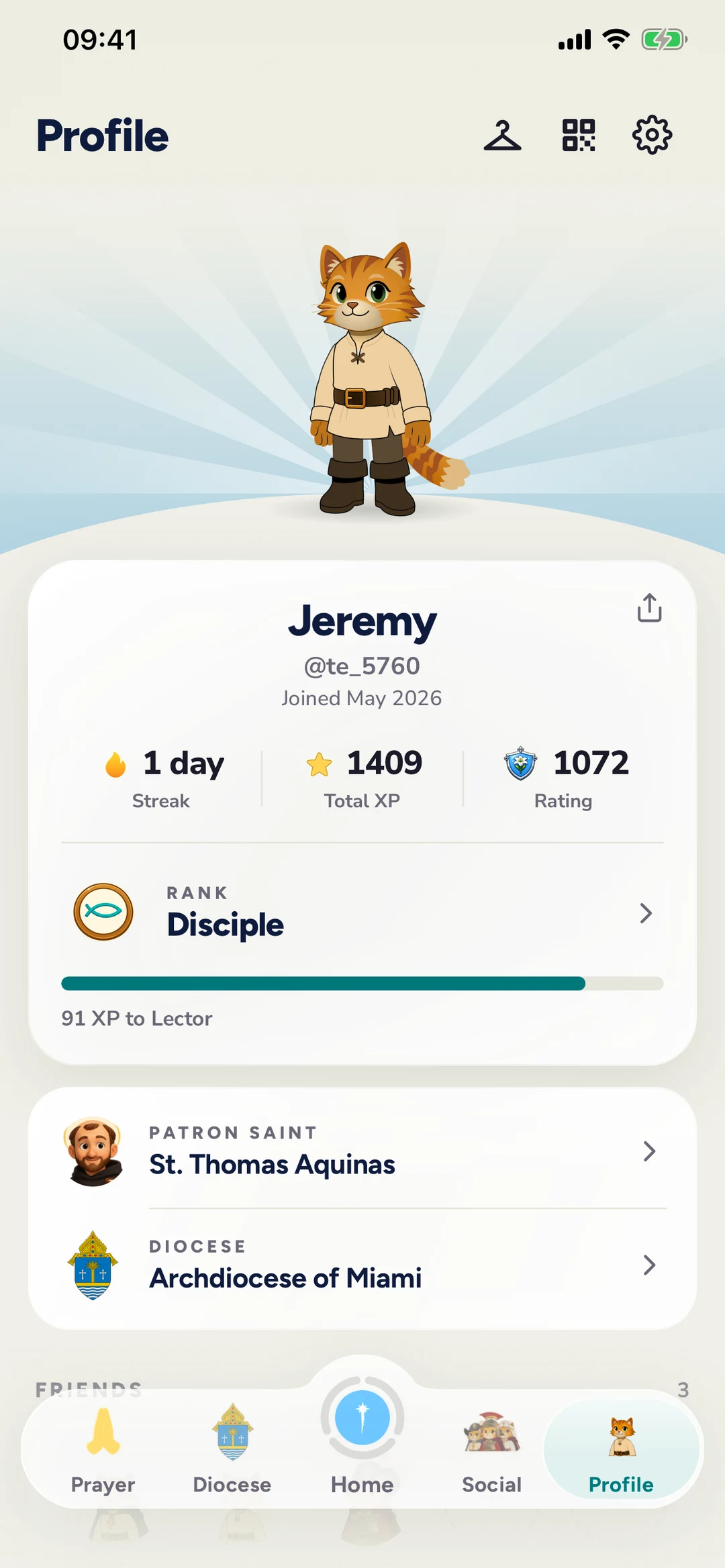 A profile: streak, total XP, rating, rank, patron saint, and diocese