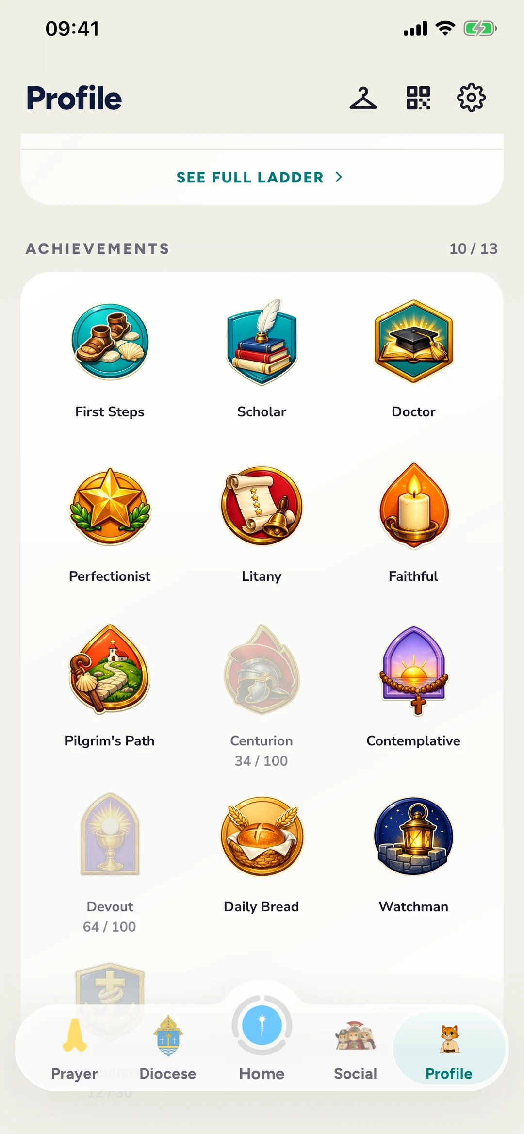 The achievements shelf on a profile: First Steps, Scholar, Doctor, and more