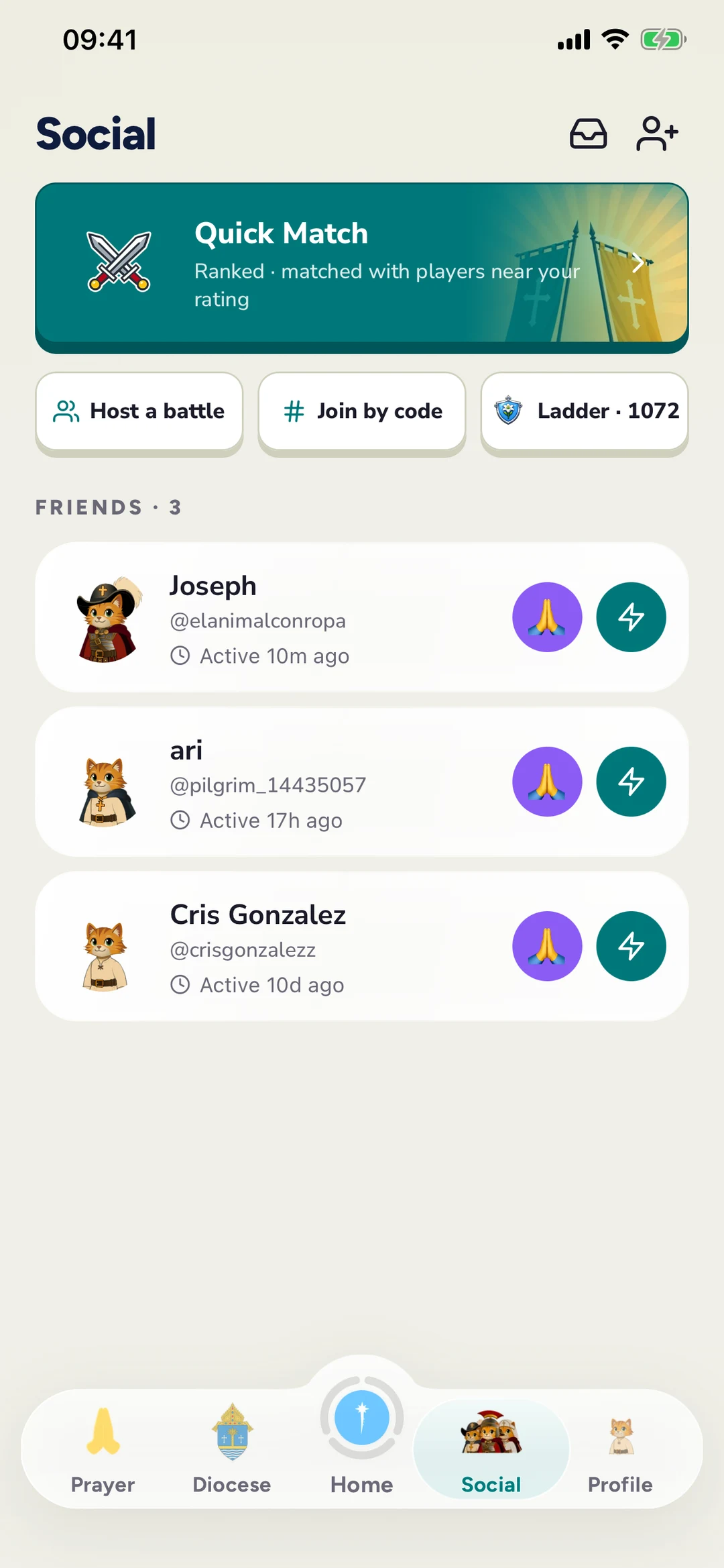 The Social tab: Quick Match, host a battle, and your friends